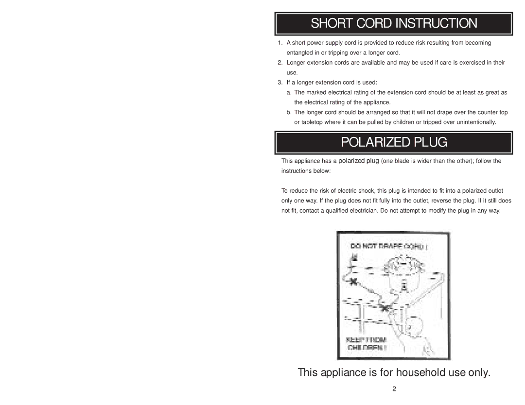 Aroma ARC-956 instruction manual Short Cord Instruction, Polarized Plug 