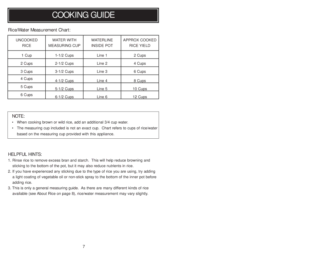 Aroma ARC-956 instruction manual Cooking Guide, Rice/Water Measurement Chart 