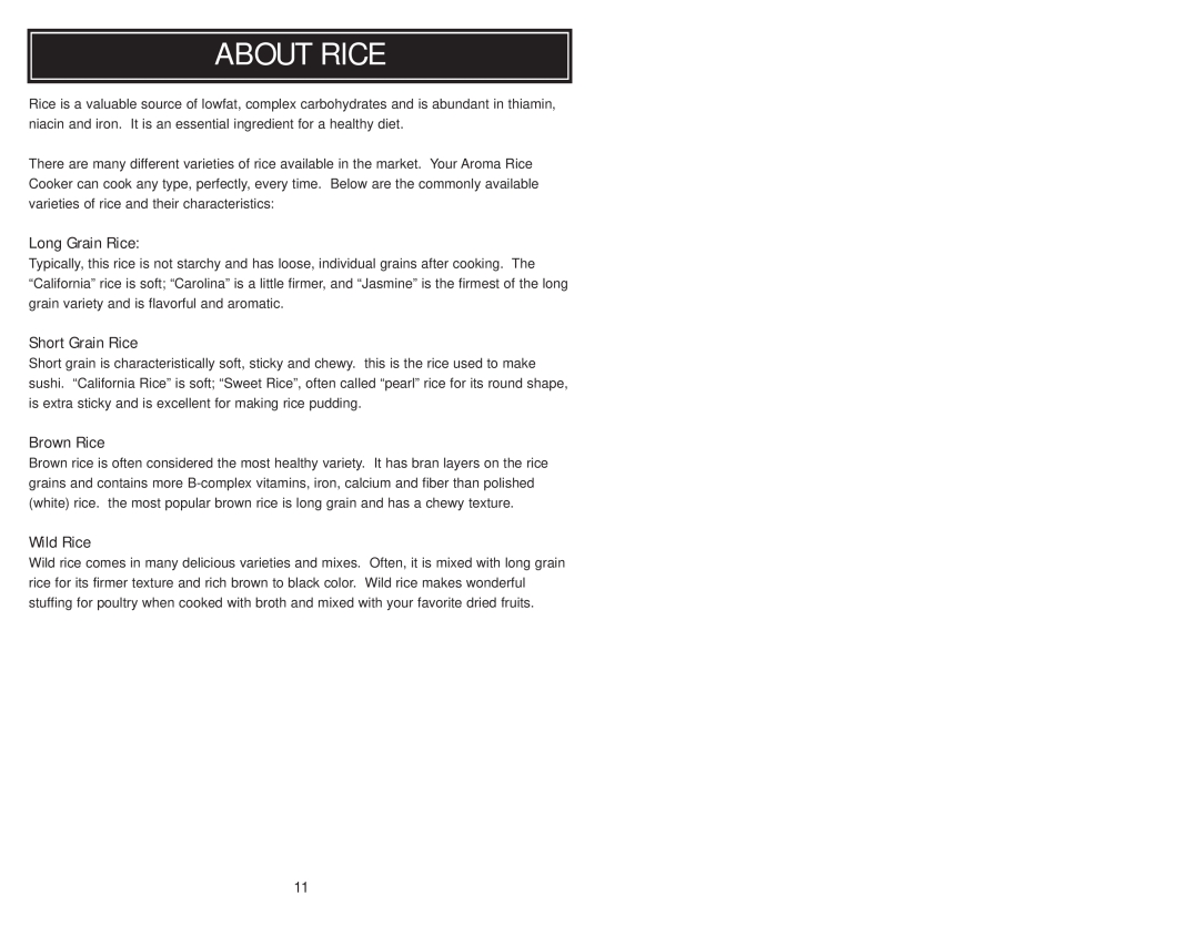 Aroma ARC-956 instruction manual About Rice, Long Grain Rice, Short Grain Rice, Brown Rice, Wild Rice 