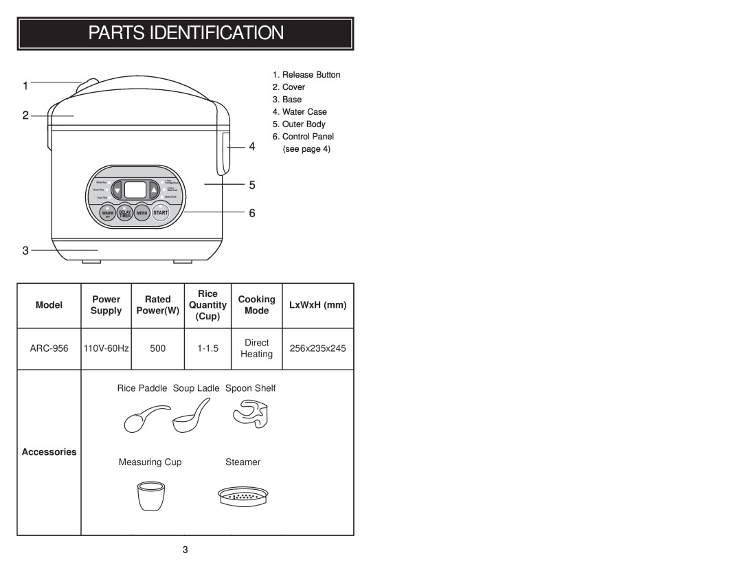 Aroma ARC-956 instruction manual Parts Identification, Measuring Cup 