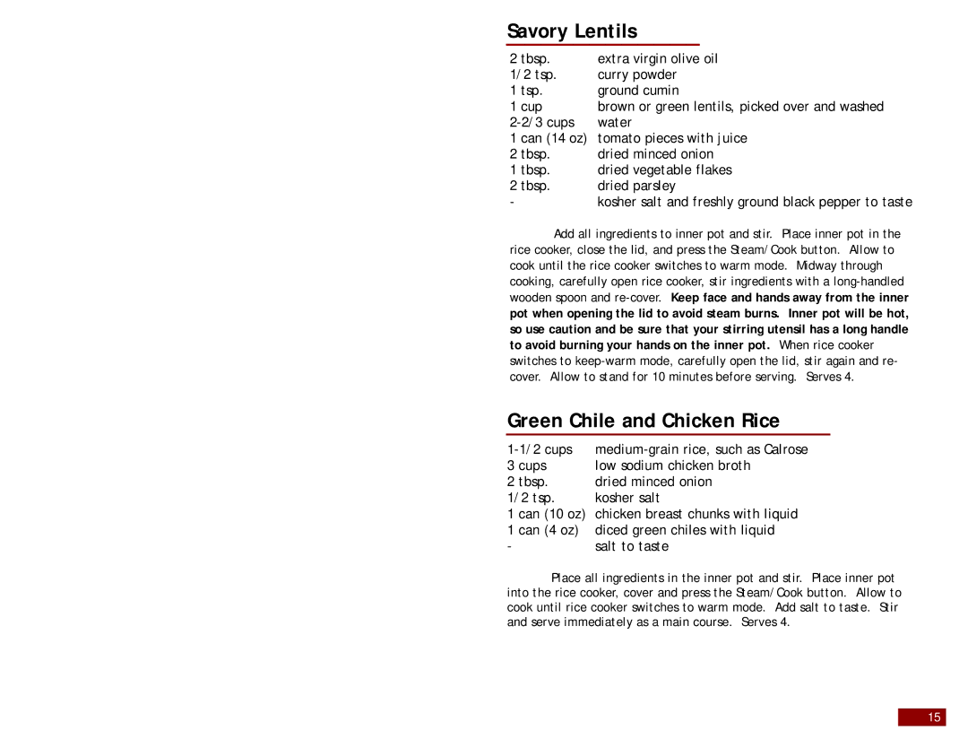 Aroma ARC-960W instruction manual Savory Lentils, Green Chile and Chicken Rice, Oil 