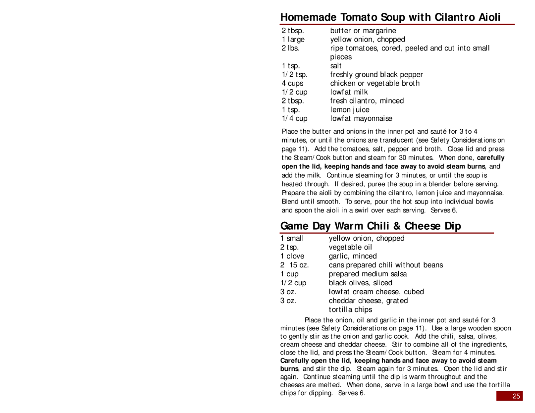 Aroma ARC-960W instruction manual Homemade Tomato Soup with Cilantro Aioli, Game Day Warm Chili & Cheese Dip 