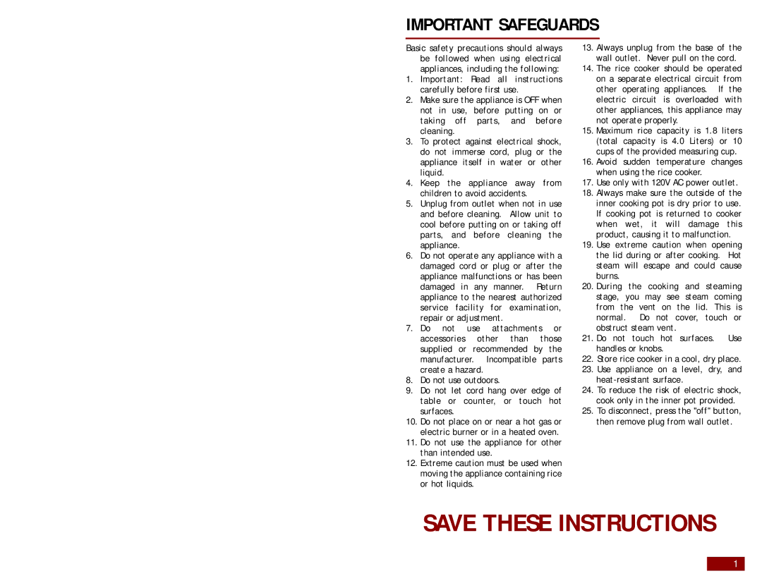 Aroma ARC-960W instruction manual Important Safeguards 