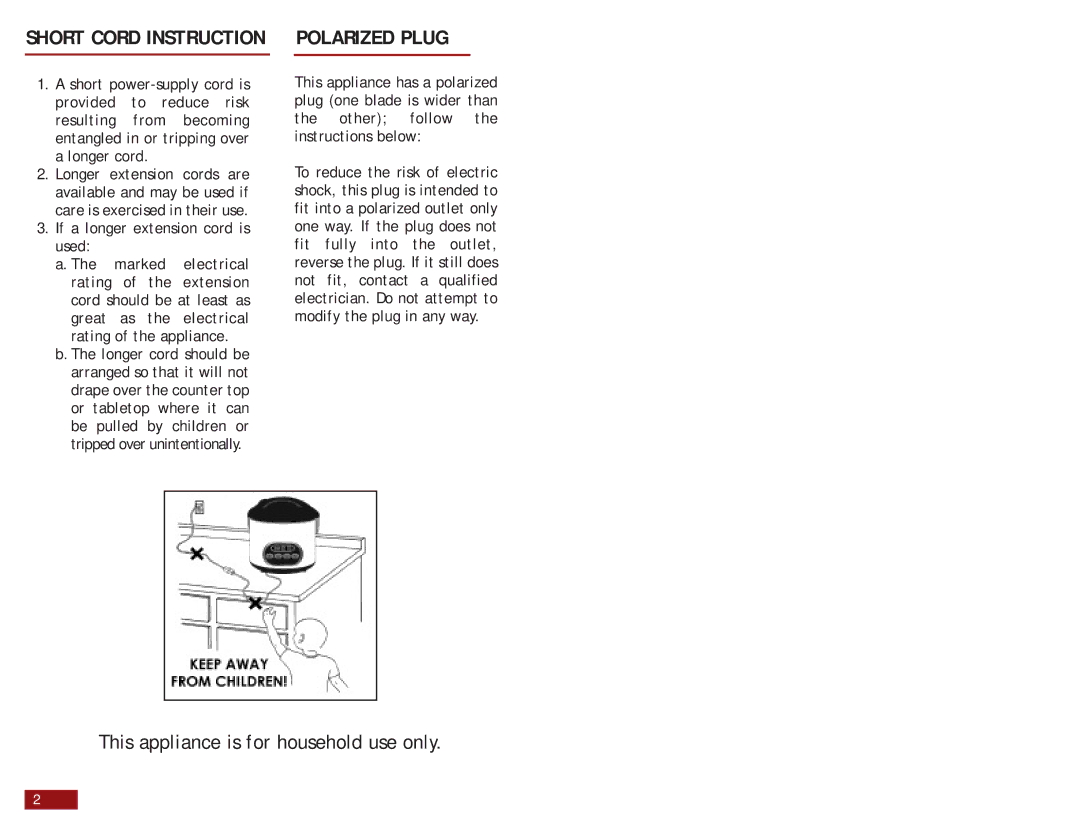 Aroma ARC-960W instruction manual Short Cord Instruction 