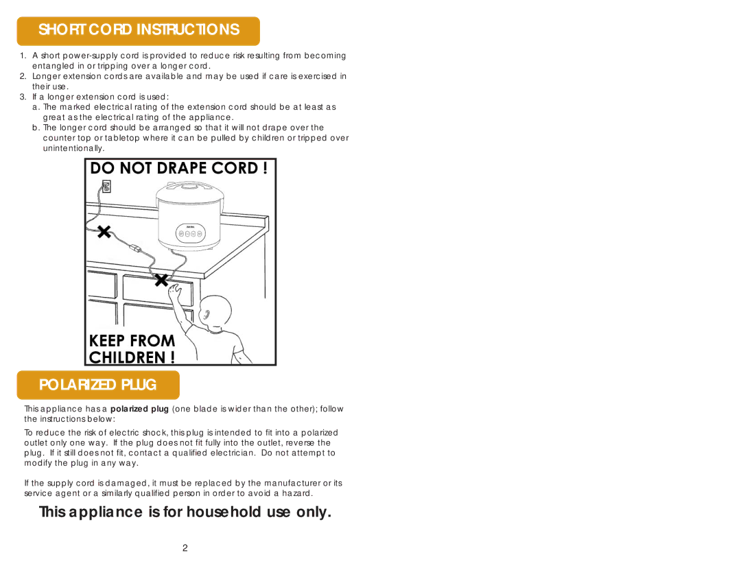 Aroma ARC-968 manual Short Cord Instructions, Polarized Plug 