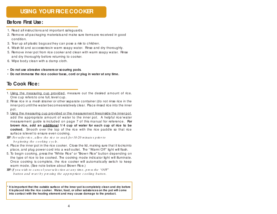 Aroma ARC-968 manual Using Your Rice Cooker, Before First Use, To Cook Rice 