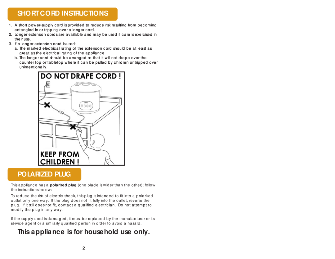 Aroma ARC-968 manual Short Cord Instructions, Polarized Plug, Thisis foruse only 
