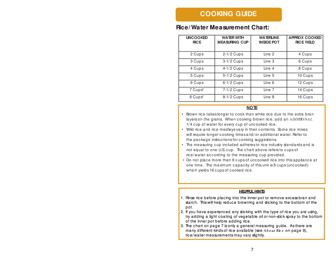 Aroma ARC-968 manual Cooking Guide, Rice/Water Measurement Chart 