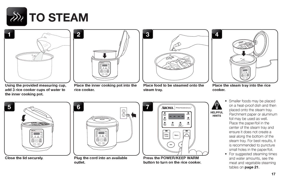Aroma ARC-988SB instruction manual To Steam, Place the steam tray into the rice cooker 
