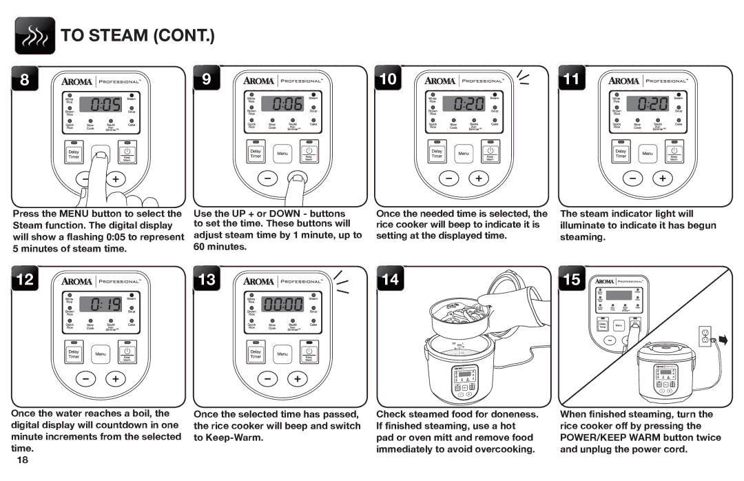 Aroma ARC-988SB instruction manual To Steam, Adjust steam time by 1 minute, up to 60 minutes 