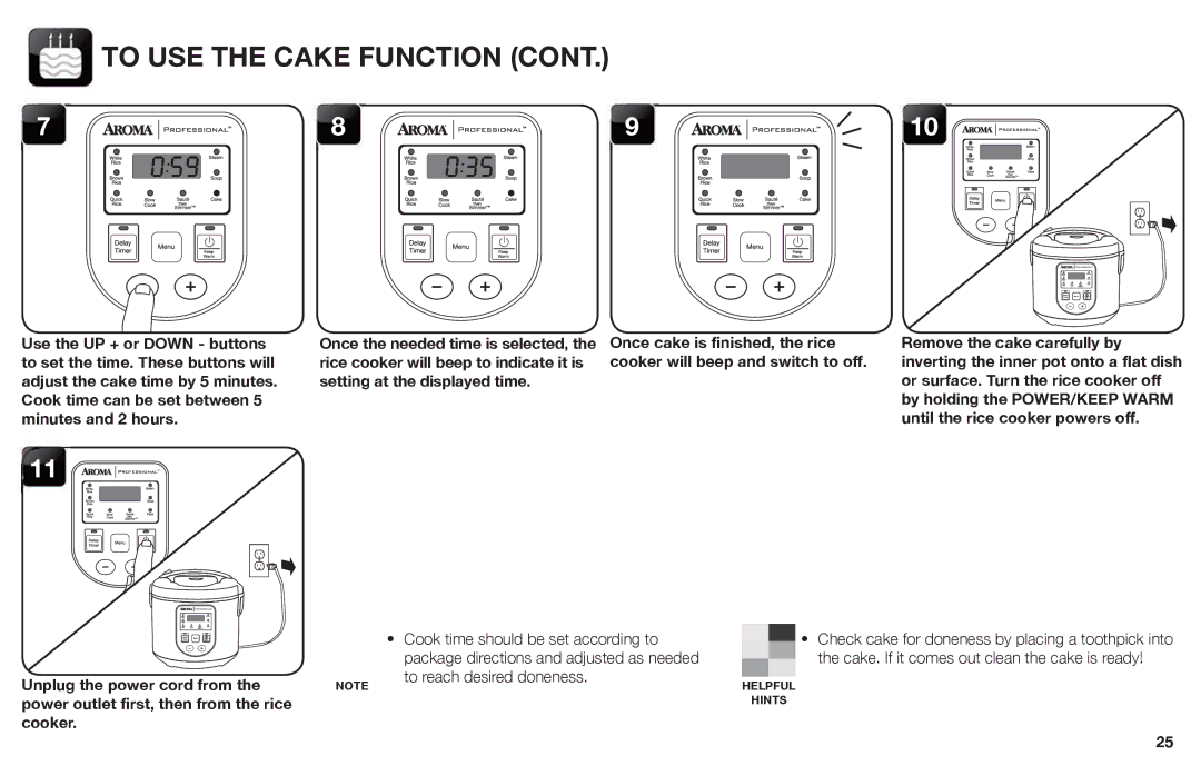 Aroma ARC-988SB instruction manual To USE the Cake Function 