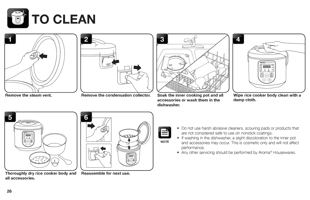 Aroma ARC-988SB To Clean, Remove the steam vent, Dishwasher, Wipe rice cooker body clean with a damp cloth 