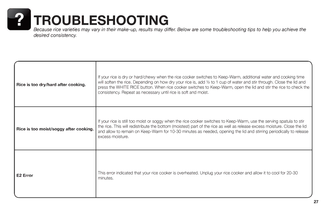 Aroma ARC-988SB instruction manual Troubleshooting, Rice is too dry/hard after cooking, E2 Error 