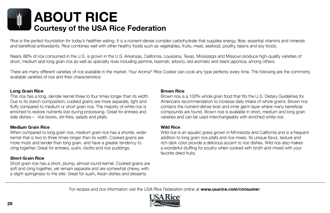 Aroma ARC-988SB instruction manual About Rice 