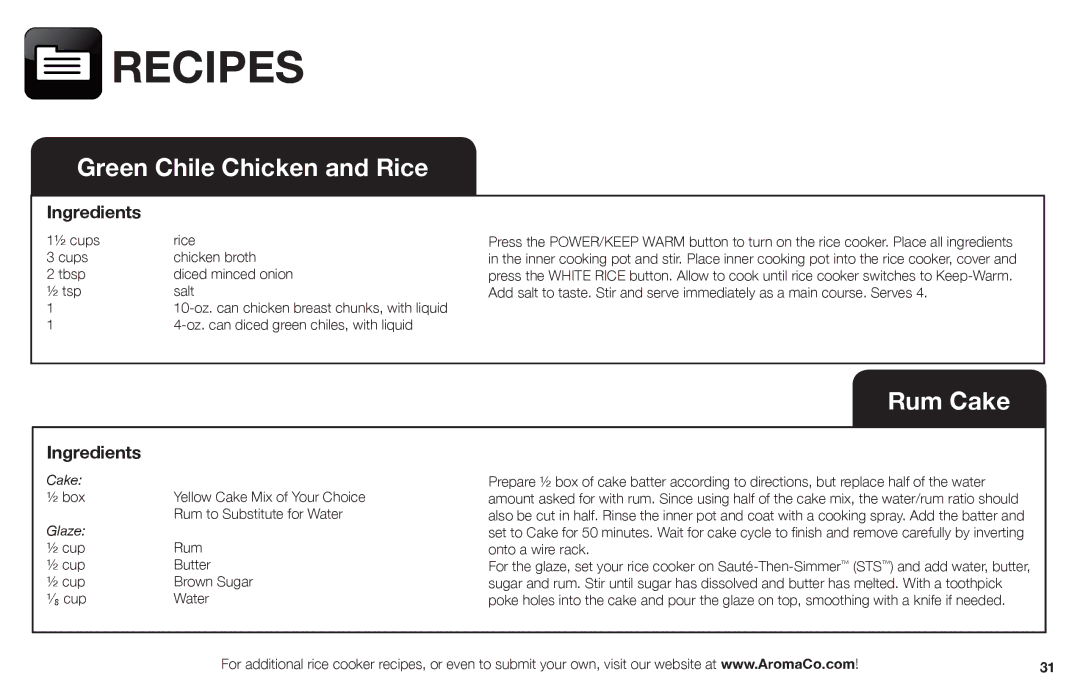 Aroma ARC-988SB instruction manual Green Chile Chicken and Rice 