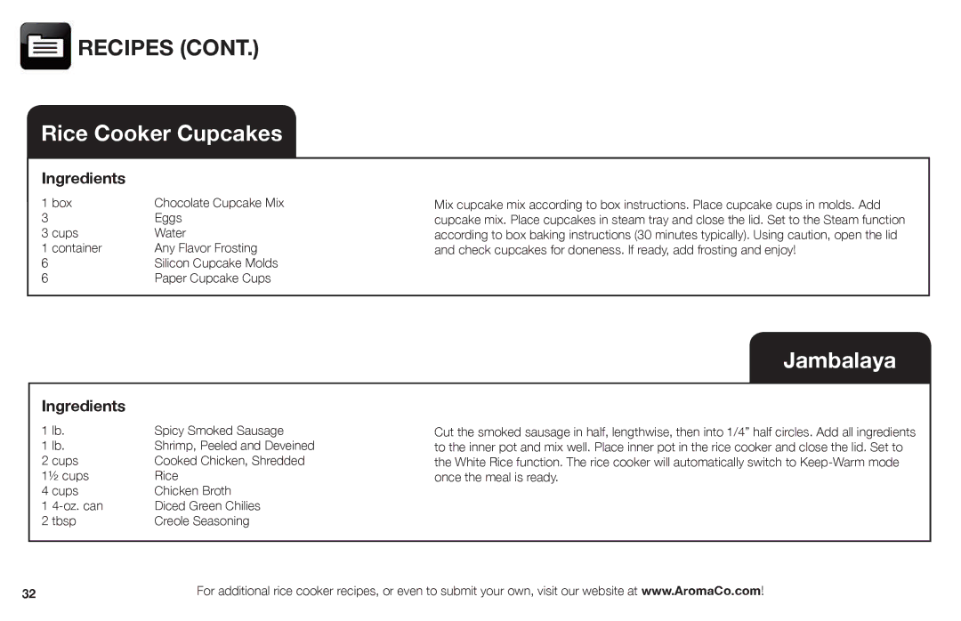 Aroma ARC-988SB instruction manual Recipes, Rice Cooker Cupcakes 