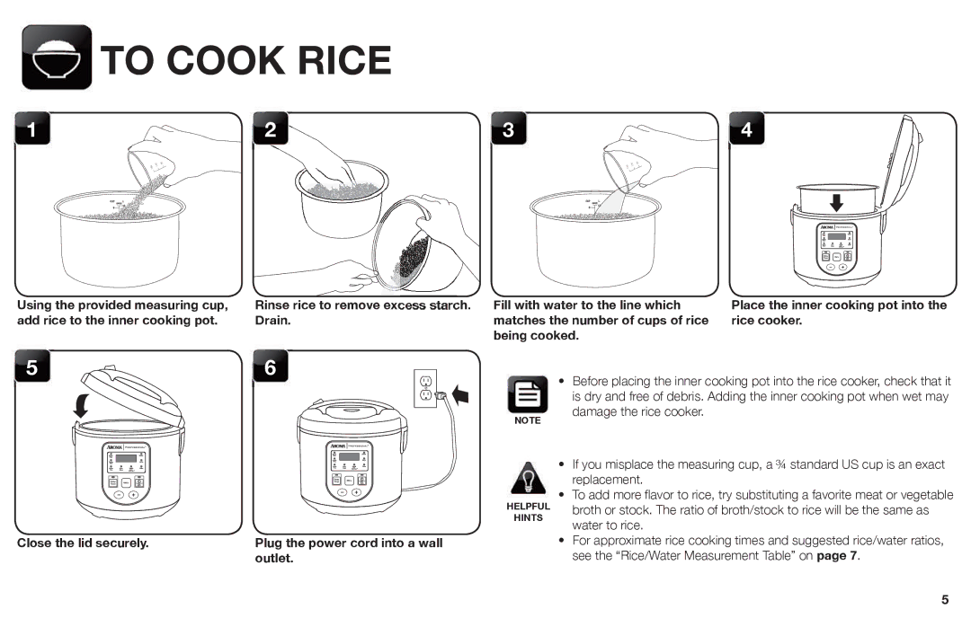 Aroma ARC-988SB instruction manual To Cook Rice, Using the provided measuring cup, Close the lid securely, Outlet 