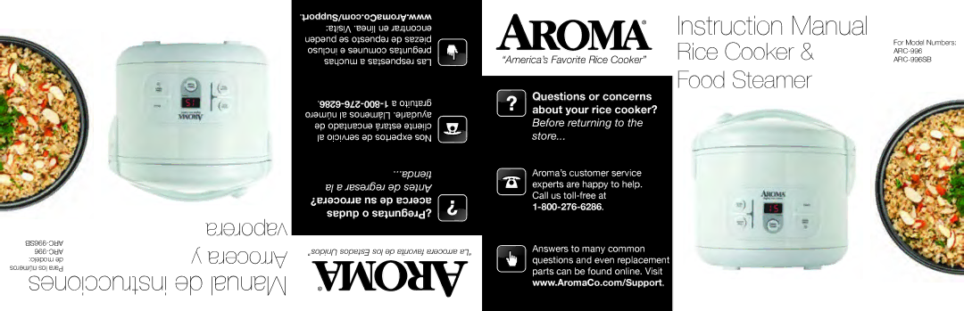 Aroma manual Com/Support.AromaCo.www, For Model Numbers ARC-996 ARC-996SB 