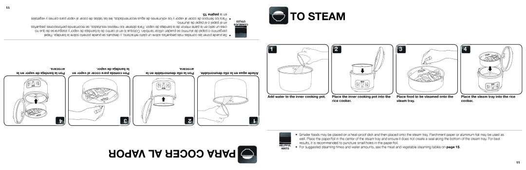 Aroma ARC-996SB manual To Steam, Vapor AL Cocer Para, 15la enpágina, Add water to the inner cooking pot, Rice cooker 