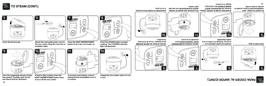 Aroma ARC-996SB manual To Steam, Vapor AL Cocer Para, Usas lo no si, Arrocera la de cordón el Desenchufa 