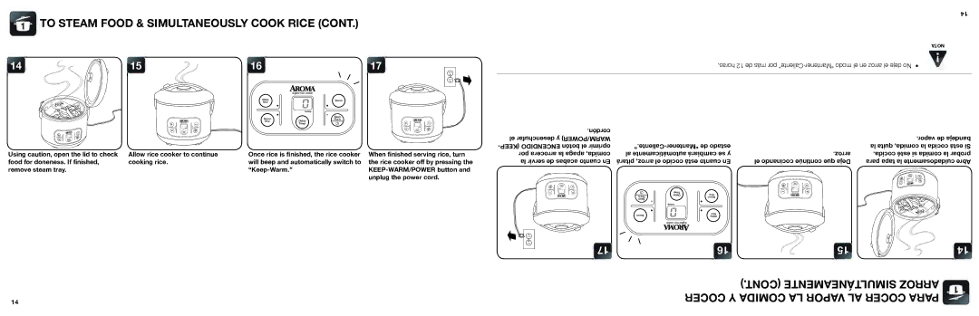 Aroma ARC-996 manual To Steam Food & Simultaneously Cook Rice, Simultáneamente Arroz Cocer Y Comida LA Vapor AL Cocer Para 