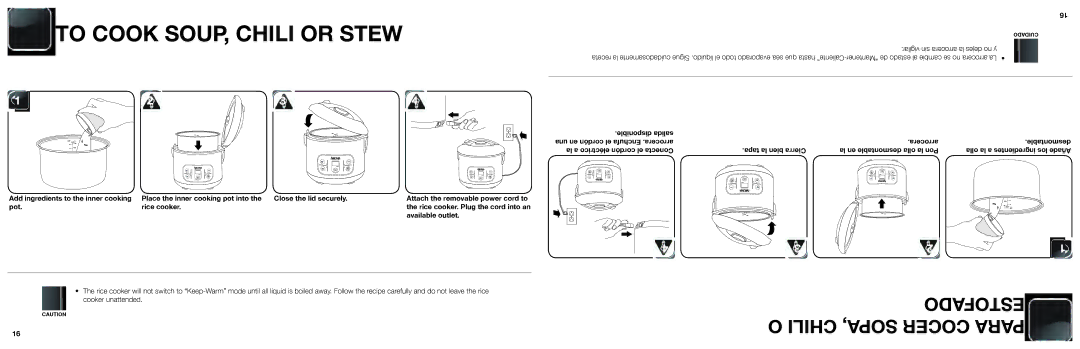 Aroma ARC-996 manual To Cook SOUP, Chili or Stew, Place the inner cooking pot into Close the lid securely, Pot Rice cooker 