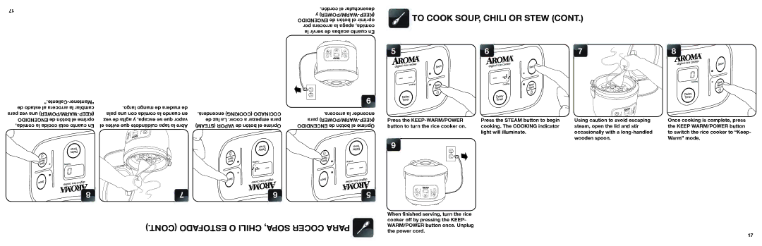 Aroma ARC-996SB manual To Cook SOUP, Chili or Stew, Estofado O Chili SOPA, Cocer Para, Cordón el desenchufar 