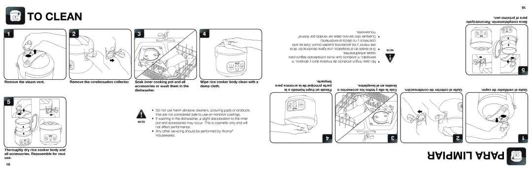 Aroma ARC-996SB manual To Clean, Accessories or wash them Damp cloth Dishwasher, Housewares, Antiadherentes capas 