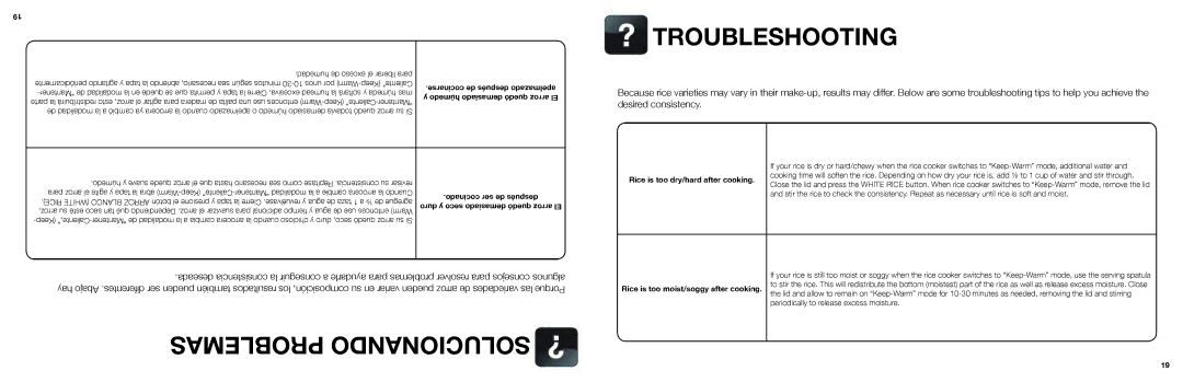 Aroma ARC-996SB manual Problemas Solucionando Troubleshooting, Cocinado ser de después, Rice is too dry/hard after cooking 