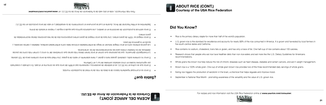 Aroma ARC-996SB manual About Rice, Entero grano, Peso del gerencia la en ayuda, Com/consumer.usarice.www 