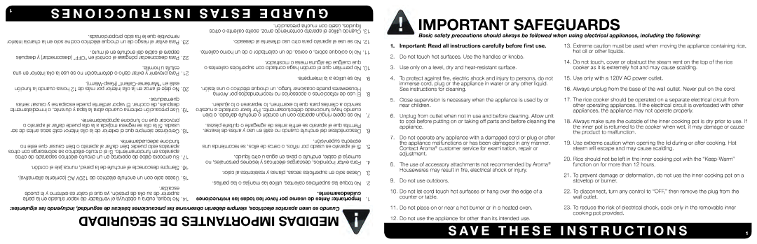 Aroma ARC-996SB manual Important Safeguards, Precaución mucha con úselo líquidos, Mostrador o mesa alguna de cuelgue que 