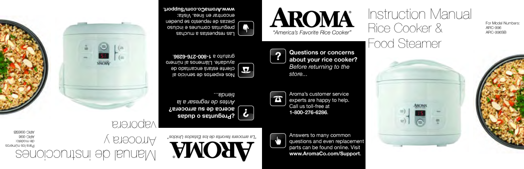 Aroma ARC-996SB manual Questions or concerns, about. your rice cooker? Before returning to the store, vaporera, y Arrocera 