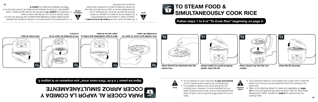 Aroma ARC-996SB manual Followsi steps 1 to 9 of ““To Cook Rice”” beginning on page, Y Comida La Vapor Al Cocer Para 