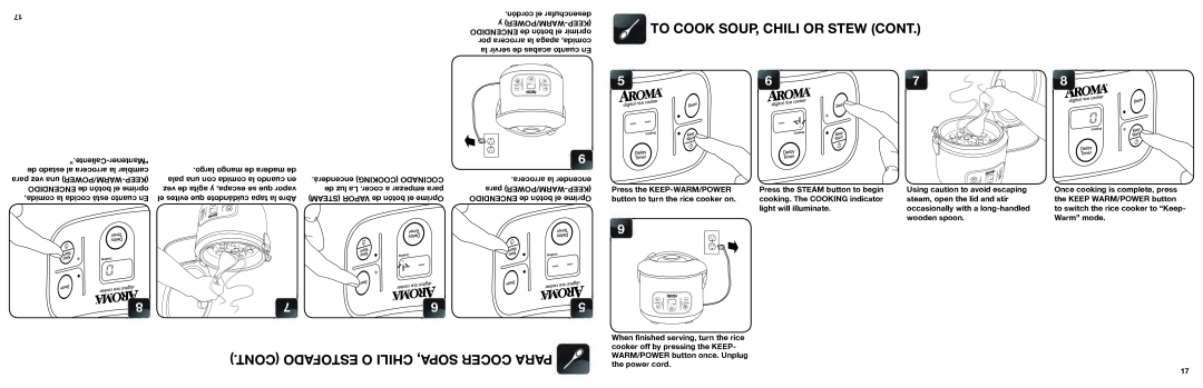 Aroma ARC-996SB manual To Cook Soup, Chili Or Stew Cont, Cont Estofado O Chili Sopa, Cocer Para, arrocera la encender 