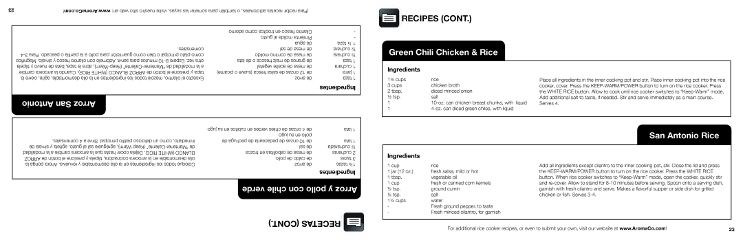 Aroma ARC-996SB Recipes Cont, Antonio San Arroz, Green Chili Chicken & Rice, Cont Recetas, San Antonio Rice, Ingredientes 