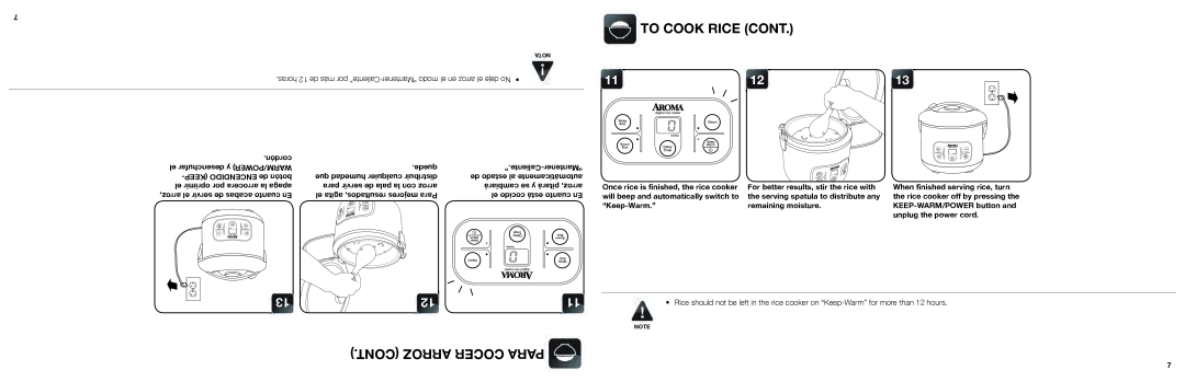 Aroma ARC-996SB manual To Cook Rice Cont, Cont Arroz Cocer Para, ““Mantener modo el en arroz el deje No • 