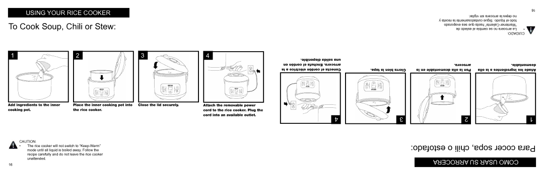 Aroma ARC-996 instruction manual To Cook Soup, Chili or Stew, Estofado o chili sopa, cocer Para Arrocera SU Usar Como 