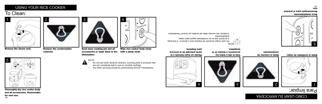 Aroma ARC-996 instruction manual To Clean, Limpiar Para Arrocera SU Usar Como 