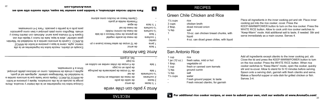 Aroma ARC-996 instruction manual Green Chile Chicken and Rice 