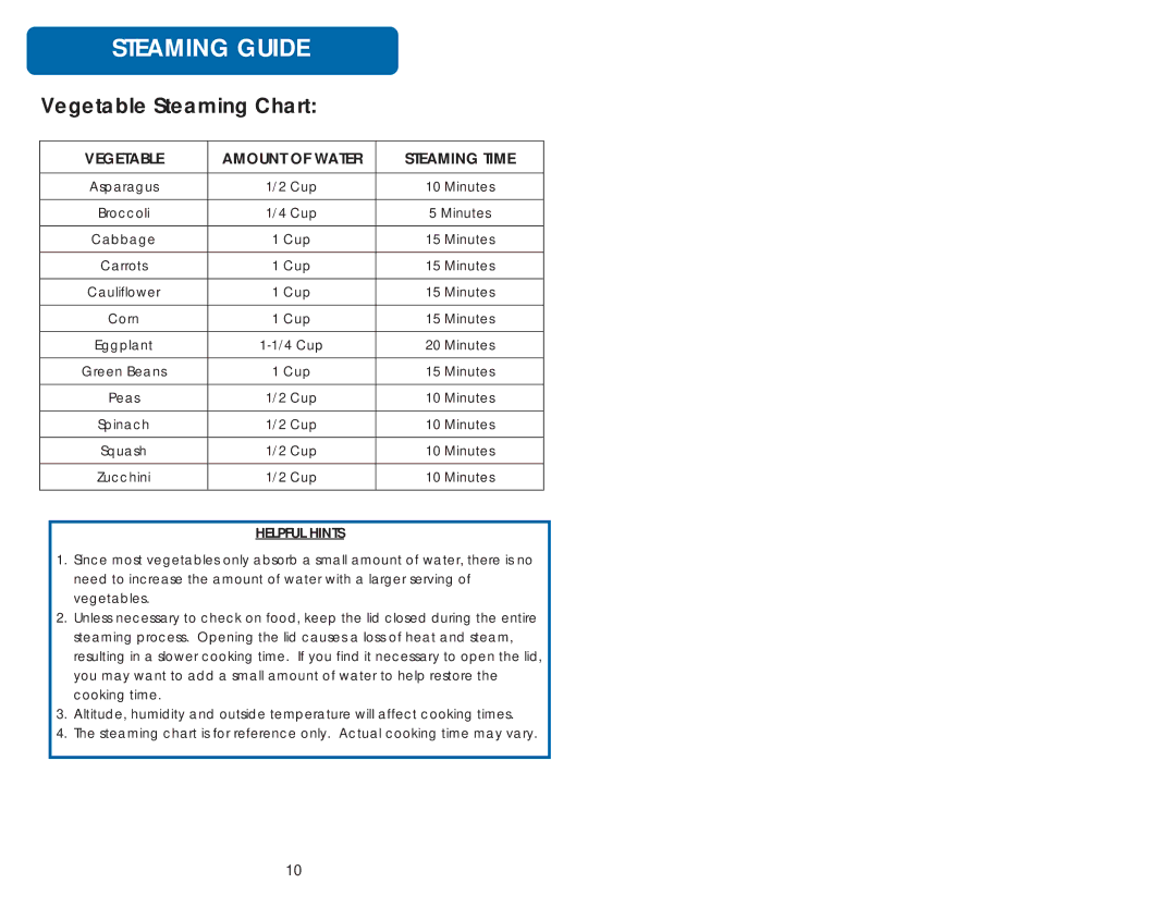 Aroma ARC-998 instruction manual Steaming Guide, Vegetable Steaming Chart 