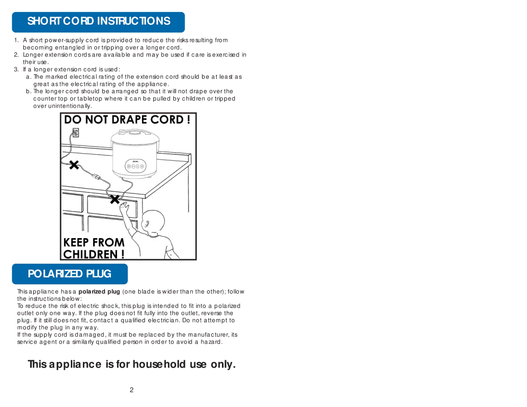 Aroma ARC-998 instruction manual Short Cord Instructions, Polarized Plug 