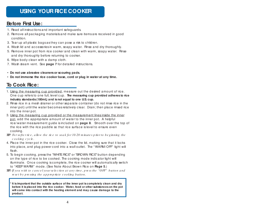 Aroma ARC-998 instruction manual Using Your Rice Cooker, Before First Use, To Cook Rice 