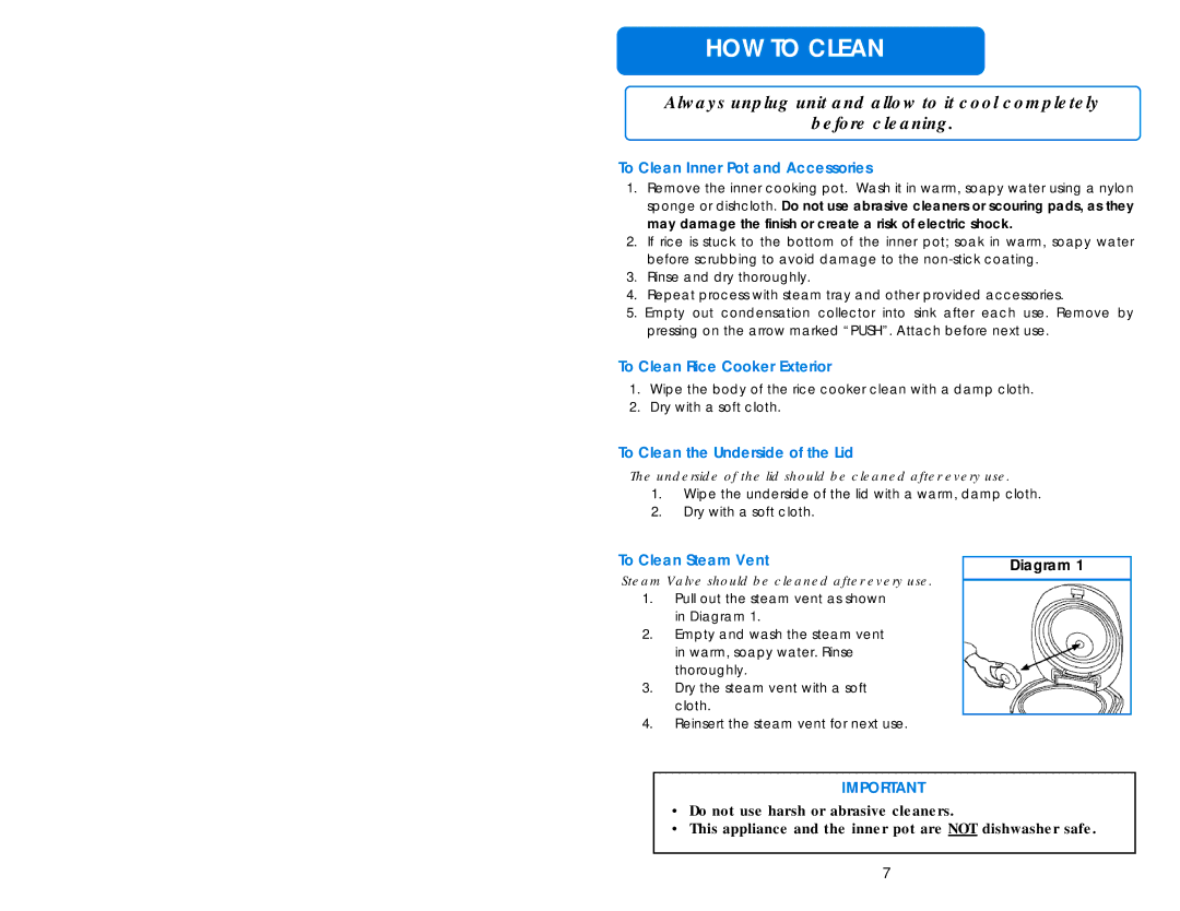 Aroma ARC-998 instruction manual HOW to Clean, To Clean Inner Pot and Accessories 