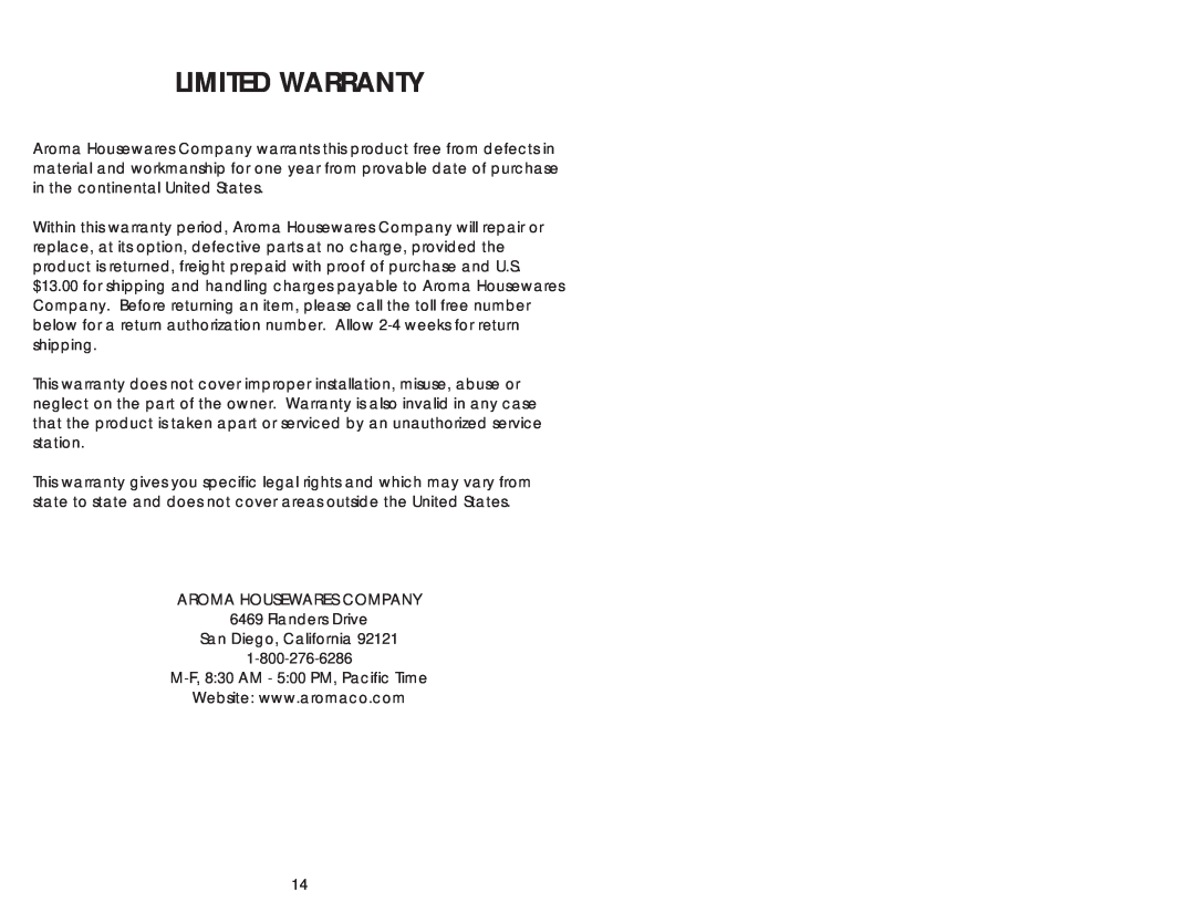 Aroma ARC-998 instruction manual Limited Warranty 