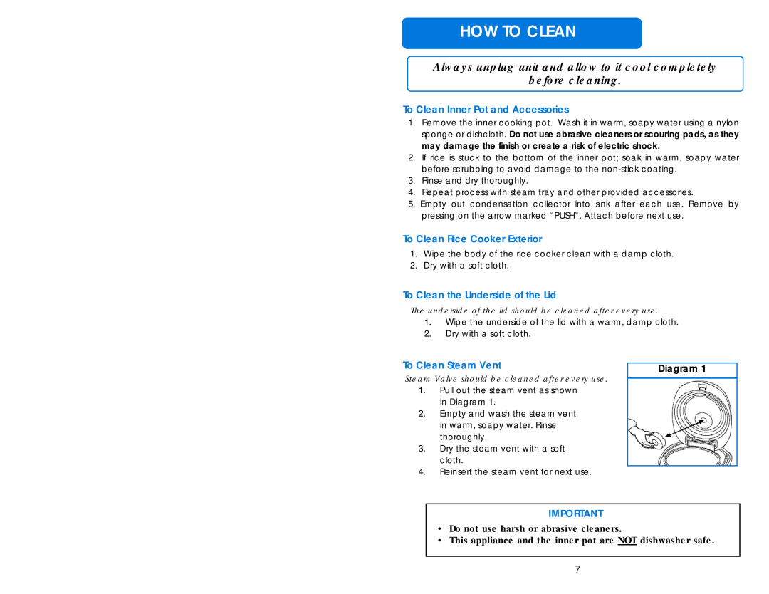 Aroma ARC-998 How To Clean, Diagram, before cleaning, To Clean Inner Pot and Accessories, To Clean Rice Cooker Exterior 