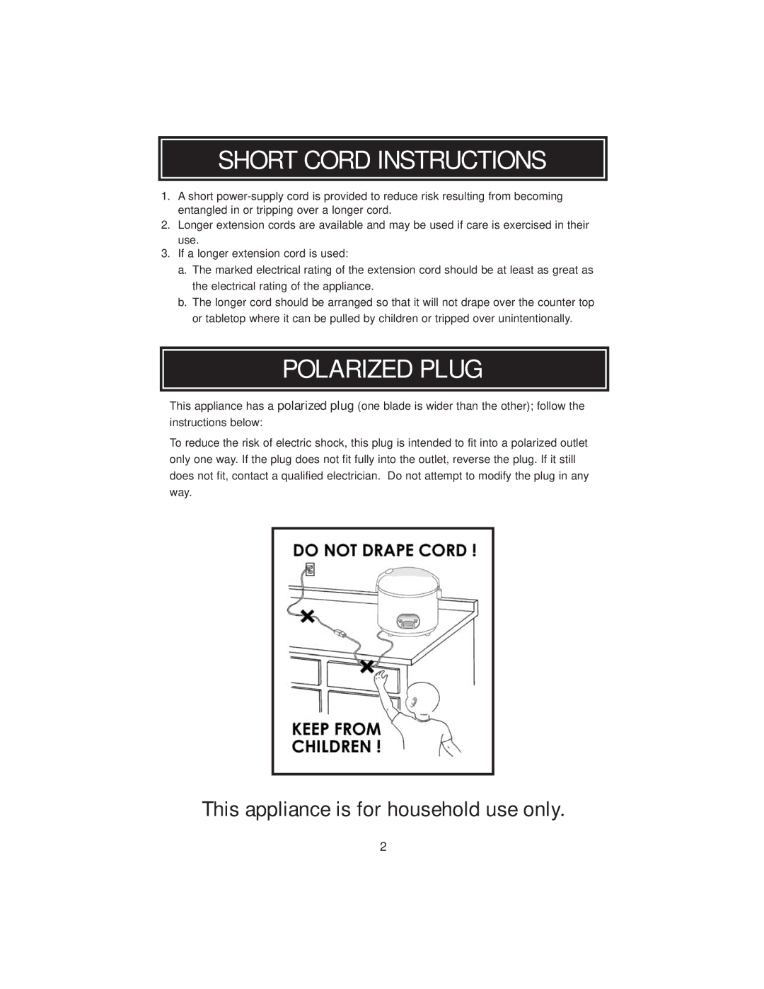 Aroma ARC3946 instruction manual Short Cord Instructions, Polarized Plug 