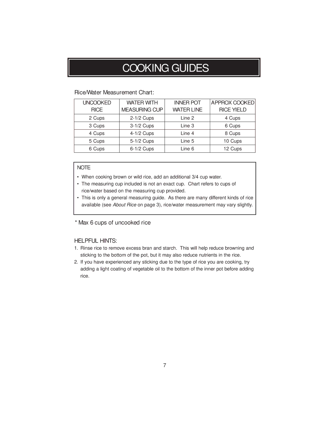 Aroma ARC3946 instruction manual Cooking Guides, Rice/Water Measurement Chart, Max 6 cups of uncooked rice 