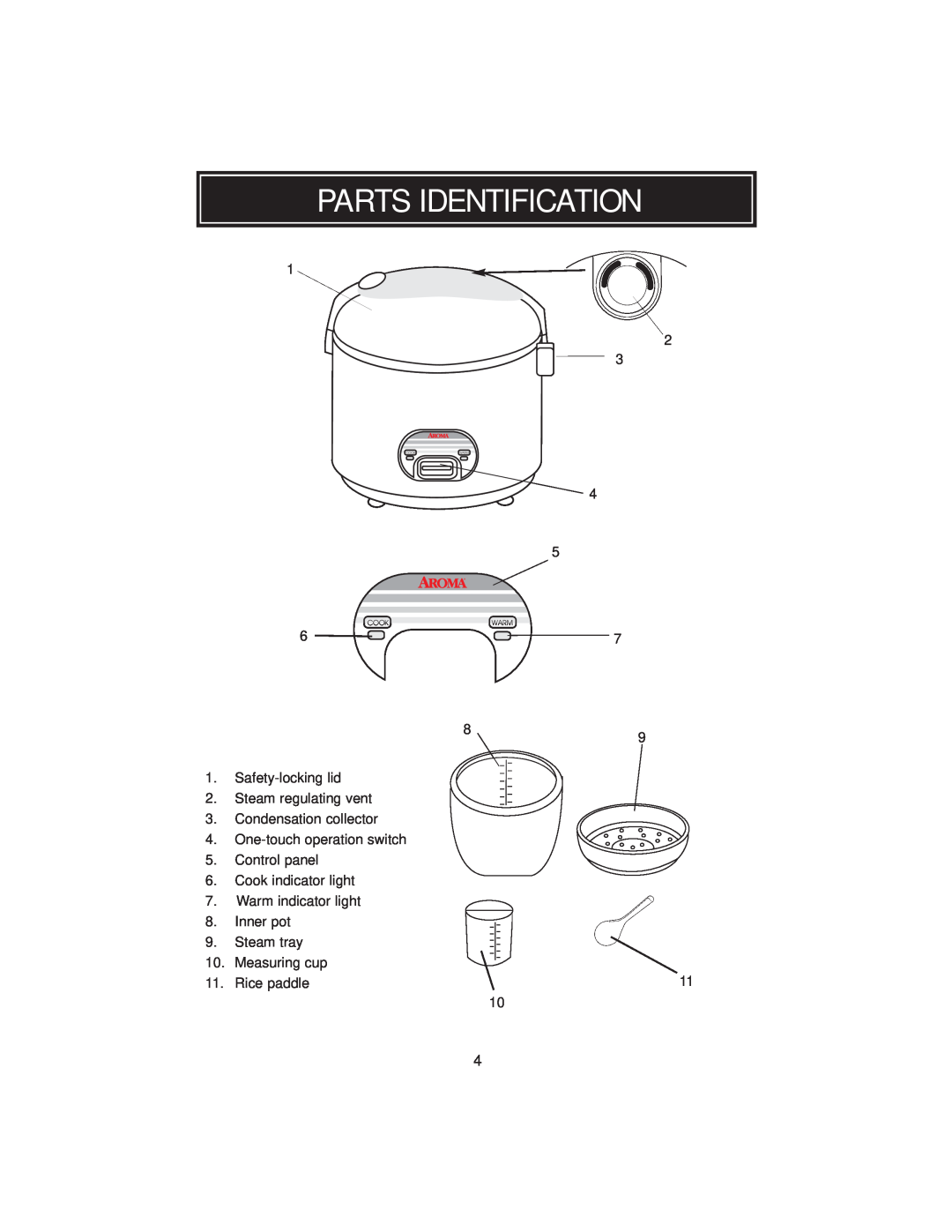 Aroma ARC3946 Parts Identification, Safety-locking lid 2. Steam regulating vent, Inner pot 9. Steam tray 10. Measuring cup 