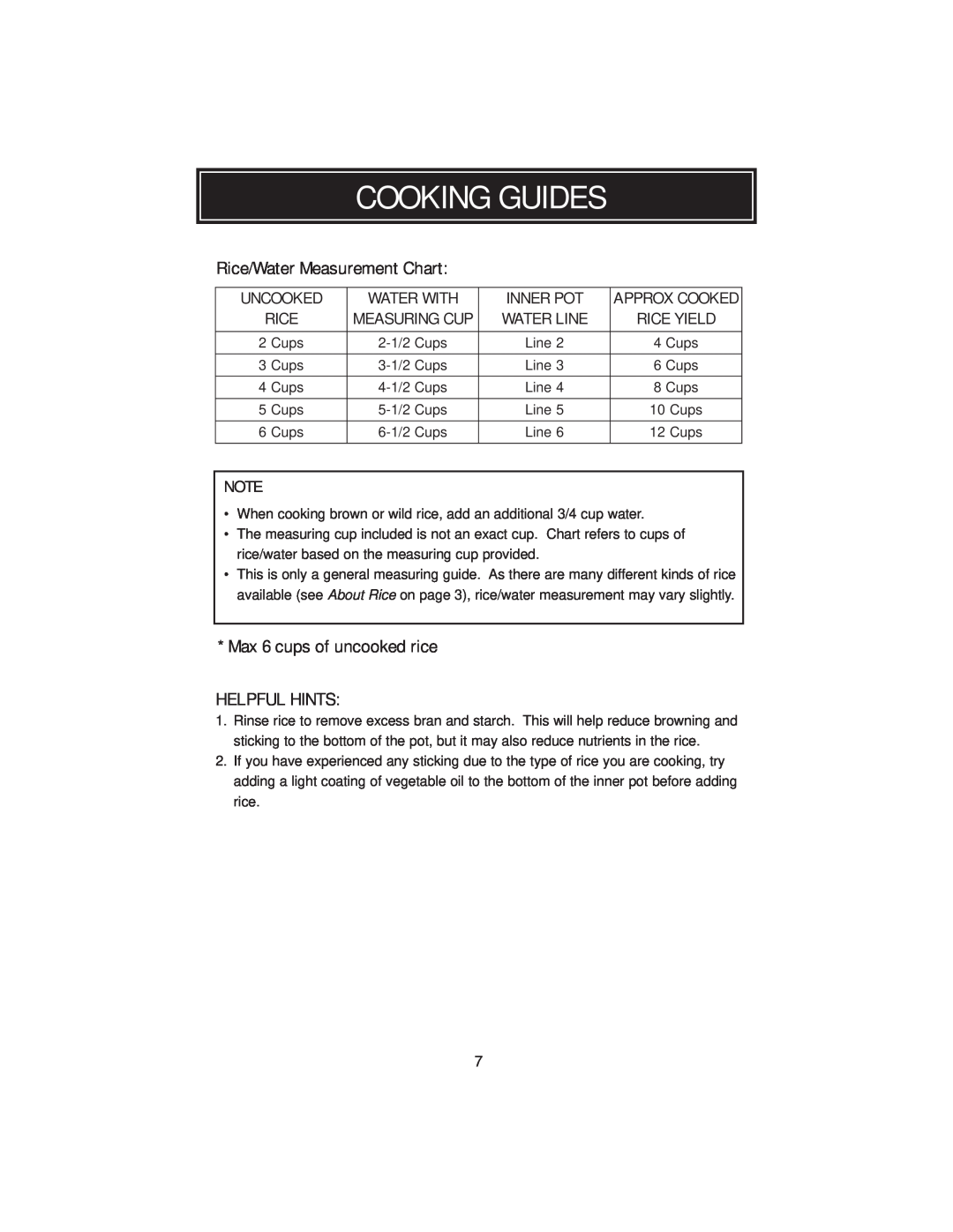 Aroma ARC3946 Cooking Guides, Rice/Water Measurement Chart, Max 6 cups of uncooked rice HELPFUL HINTS, Uncooked, Inner Pot 