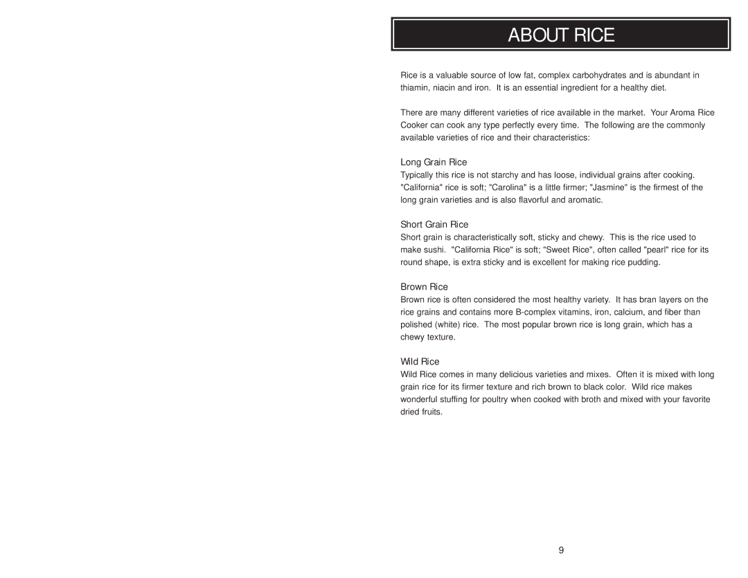 Aroma apc 728g, ARC728G instruction manual About Rice, Long Grain Rice, Short Grain Rice, Brown Rice, Wild Rice 